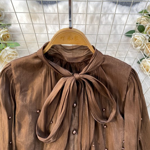 قميص أنيقة مزينة باللؤلؤ مع ياقة بربطة Elegant Blouse