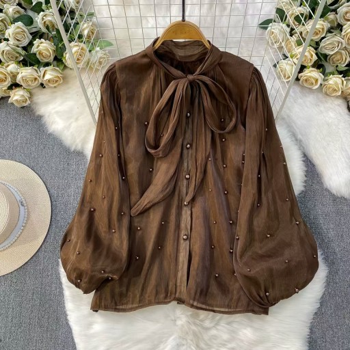 قميص أنيقة مزينة باللؤلؤ مع ياقة بربطة Elegant Blouse