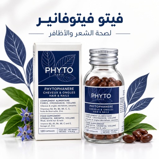 فيتو فيتوفانير، مكمل غذائي مخصص لدعم الشعر والأظافر، والعبوة تحتوي على 120 كبسولة PHYTO Phytophanere –