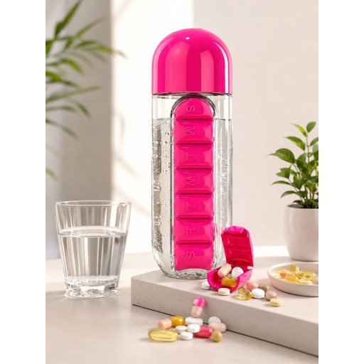 قنينة ماء مع منظم حبوب اسبوعي Water bottle with a weekly pill organizer