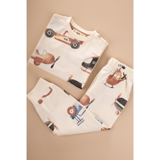طقم بيجامة أطفال بنمط طائرة إكرو - 2-8 سنوات Kids' Patterned Pajama Set 2-8 Years - Ecru Airplane Design