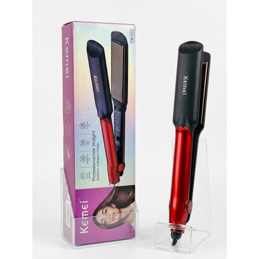 كاوية ومملس الشعر الاحترافي (ستريتنر) باللونين الأحمر والأسود من كيمي (Kemei Professional Hair Straightener - KM-531) Kemei KM-531 Professional Hair Straightener with Ceramic Plates & Ergonomic Design