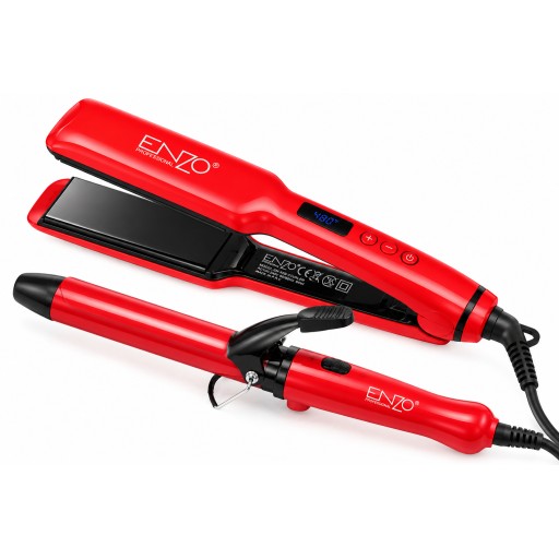 طقم تصفيف الشعر ENZO Professional 2 in 1 – كاوية شعر + فير ENZO Professional 2-in-1 Hair Styling Set – Hair Straightener + Curling Iron