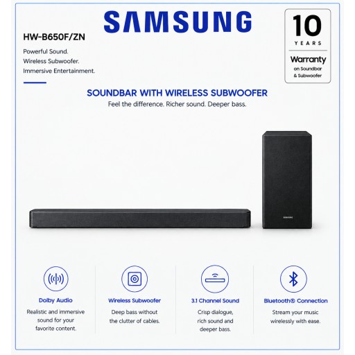 مكبر صوت سامسونج سلسلة B موديل HW-B650F – 3.1 قناة – مضخم صوت لاسلكي – إصدار 2025 – أسود Samsung B-Series Soundbar HW-B650F – 3.1 Channel – Wireless Subwoofer – 2025 – Black