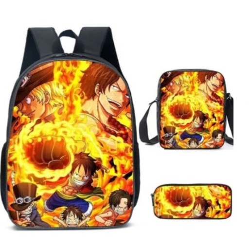 حقيبة مدرسية (أو طقم حقائب مدرسية) برسمة أنمي ون بيس (One Piece) وتضم شخصيات (لوفي، إيس، وسابو) One Piece Anime School Bag Set (or One Piece Backpack Set) featuring Luffy, Ace, and Sabo