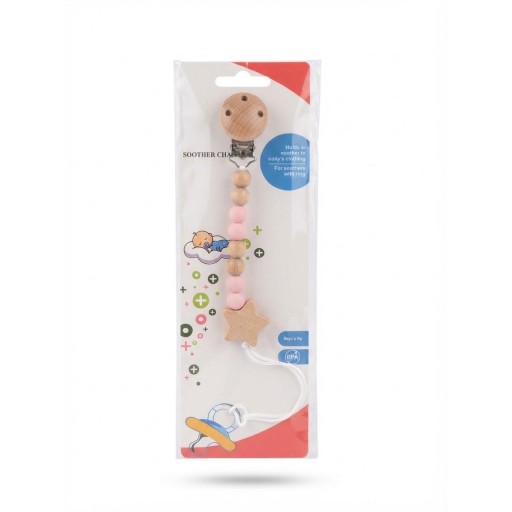 سلسلة تثبيت مصاصة الأطفال قماش وخشب وخرازات سيليكون مع مشبك ملابس Wooden & Silicone Bead Pacifier Clip & Soother Chain