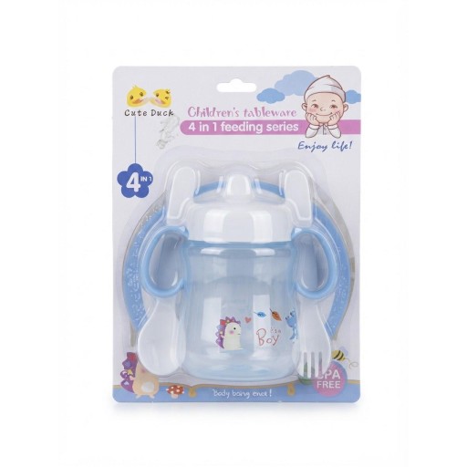 طقم أدوات إطعام الأطفال 4 في 1 (كوب تدريب بمقبضين + طبق + ملعقة + شوكة) Cute Duck 4 in 1 Children's Tableware Feeding Set