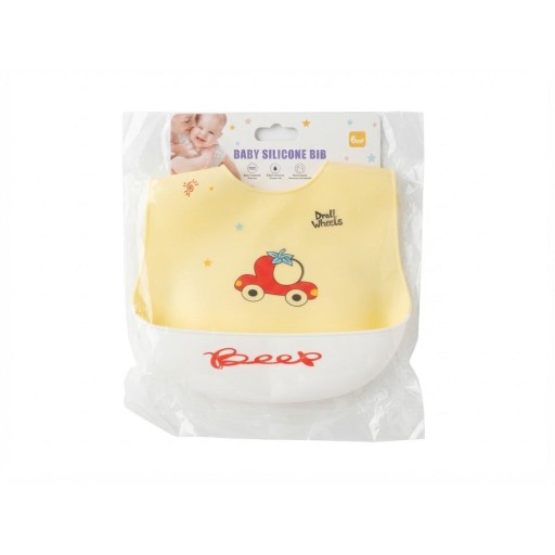 صدرية (مريلة) إطعام الأطفال السيليكون المقاومة للماء مع جيب التقاط الطعام Baby Silicone Bib with Food Catcher Pocket (6+ Months - Droll Wheels Yellow)