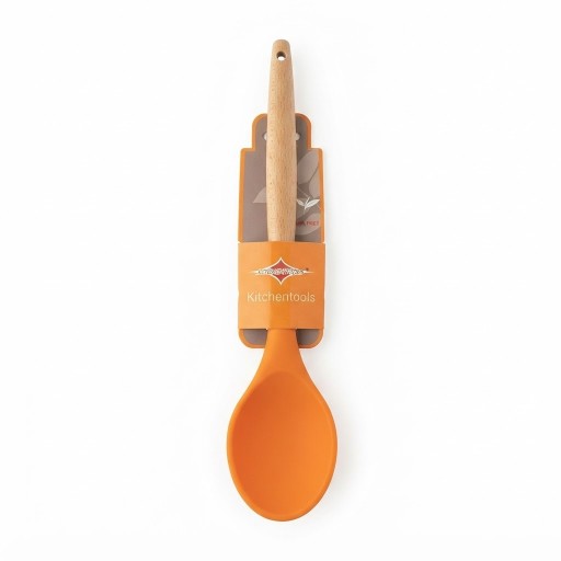 ملعقة طبخ Junyobee سيليكون برتقالي بمقبض خشبي Junyobee Orange Silicone Cooking Spoon with Wooden Handle