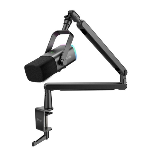 ميكروفون ديناميكي احترافي فاي فاين مع ذراع تثبيت منخفض الارتفاع وإضاءة RGB (طراز Fifine AmpliGame TAM8) Fifine AmpliGame TAM8 Dynamic Streaming & Recording Microphone with Low-Profile Boom Arm