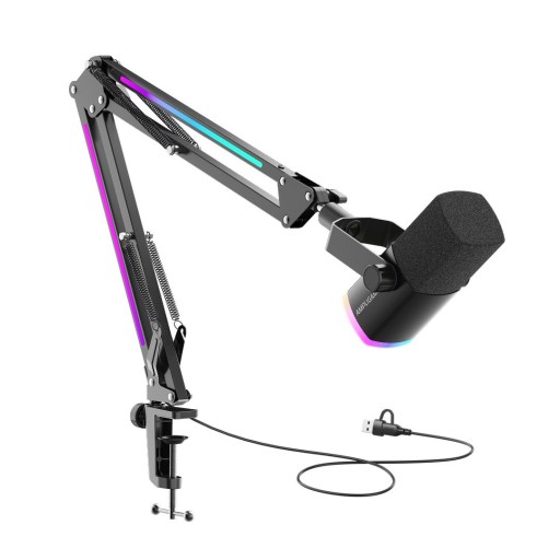 طقم ميكروفون ديناميكي احترافي فاي فاين مع ذراع تثبيت RGB بمنفذي USB وXLR (طراز Fifine AM8 ProT) Fifine AM8 ProT Dynamic Gaming & Streaming Microphone with RGB Boom Arm