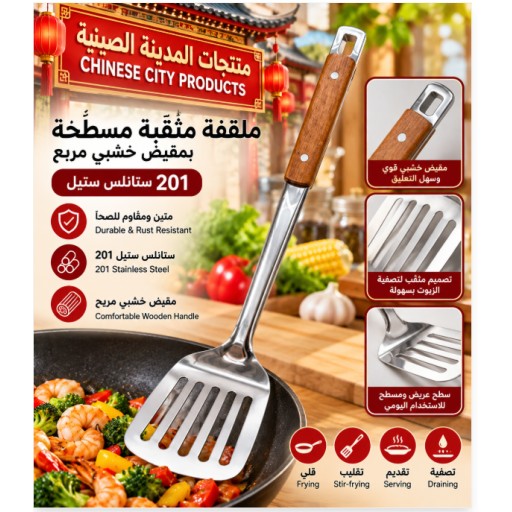 ملعقة مثقبة 201 بمقبض خشبي مربع ZYC-14 ZYC-14 201 Square Wooden Handle Slotted Spatula