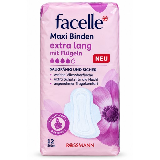 فوط صحية فاسيل ماكسي طويلة جداً مع أجنحة Facelle Maxi Binden Extra Lang mit Flügeln
