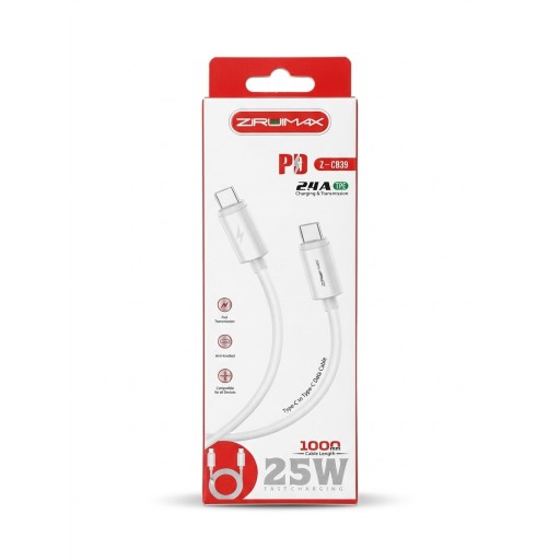 كيبل شحن سريع PD فائق المتانة بقدرة 25W ونقل بيانات Type-C to Type-C من ZIRUIMAX بطول 1 متر ZIRUIMAX Z-CB39 Type-C to Type-C PD Fast Charging & Data Cable 25W / 2.4A (1000mm) - Flexible White TPE Cable