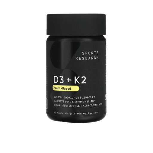 Sports Research® فيتامين D3 + K2 نباتي مع زيت جوز الهند – 60 كبسولة نباتية Sports Research® Vegan Vitamin D3 + K2 w/Coconut Oil, 60 Count Plantgels