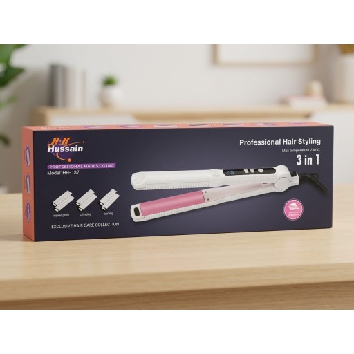 جهاز تصفيف الشعر الاحترافي 3 في 1 (كاوية / فير شعر) Professional 3-in-1 Hair Styling Device / Straightener