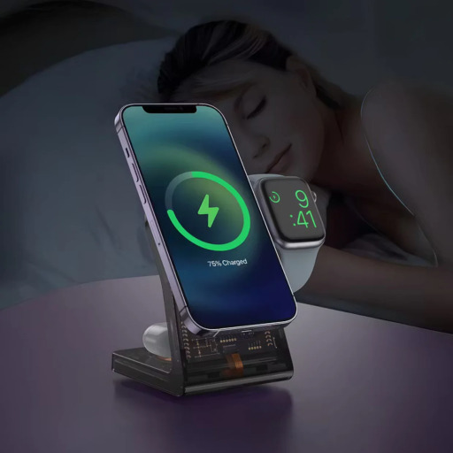 حامل شحن لاسلكي مغناطيسي متعدد الوظائف بورودو 15 واط بزجاج شفاف Porodo 15W All-in-One Transparent Glass Magnetic Wireless Charging Stand