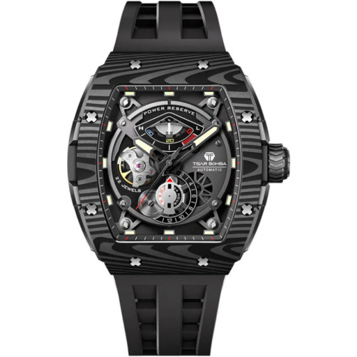 ساعة رجالية تسار بومبا أوتوماتيك ٤٤٫٦ ملم بحزام مطاطي أسود وقرص هيكلي Tsar Bomba Automatic Black FKM Rubber Strap Men's Watch TB8210CFⅡ-01
