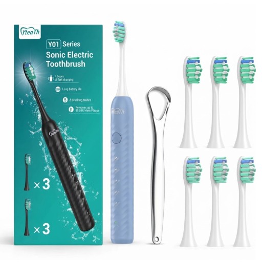 فرشاة أسنان سونيك ازرق مميز YTEATH PRO بخمسة أوضاع و6 رؤوس YTEATH PRO Sonic Toothbrush (Distinctive Blue) with 5 Modes and 6 Brush Heads