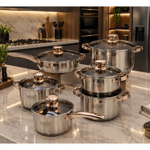 سيت قدور ومقالي سداسي فاخر من الستانلس ستيل الأصلي 18/10 Premium 6-piece cookware set (pots and pans) made of genuine 18/10 stainless steel.