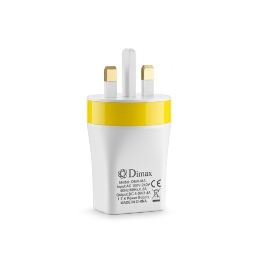 شاحن ذكي بثلاثة منافذ USB بقوة 3.4 أمبير ورأس ثلاثي (UK) من ديماكس - Dimax DMX-MA Dimax DMX-MA 3-Port USB Smart Wall Charger, 3.4A, UK 3-Pin Plug