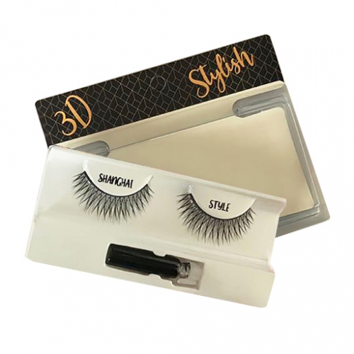 Natural Hair False Lashes In Shanghai 3D Style with Adhesive Set سيت رموش طبيعية مع لاصق